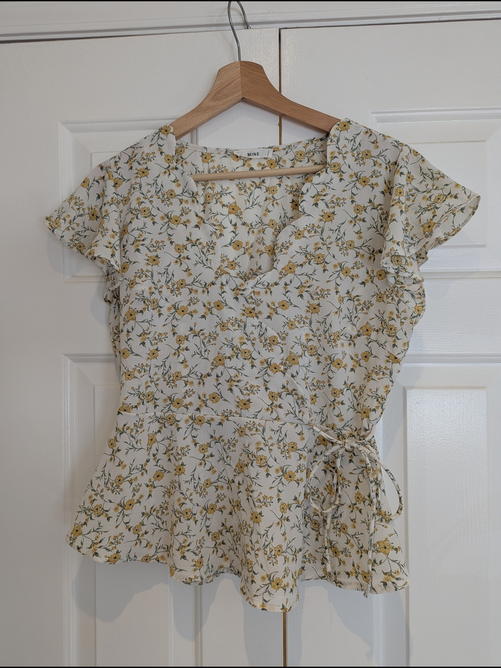 MINE Floral Print Wrap Peplum Top Blouse Cream and Yellow Boho Cottagecore S/M